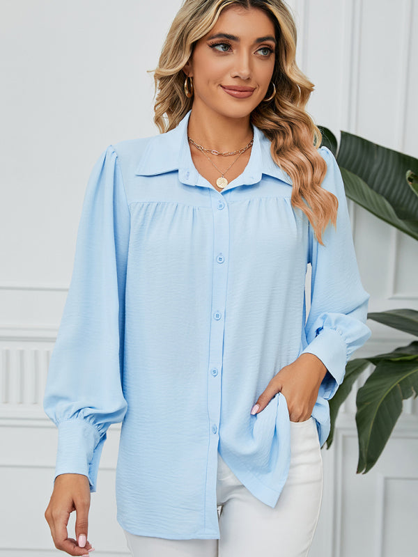 New chiffon loose long-sleeved button-down shirt top - Sky blue azure / S