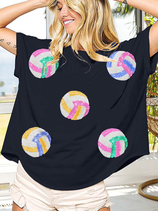 New color ball sequin embroidery pullover round neck short-sleeved T-shirt top - Black / S