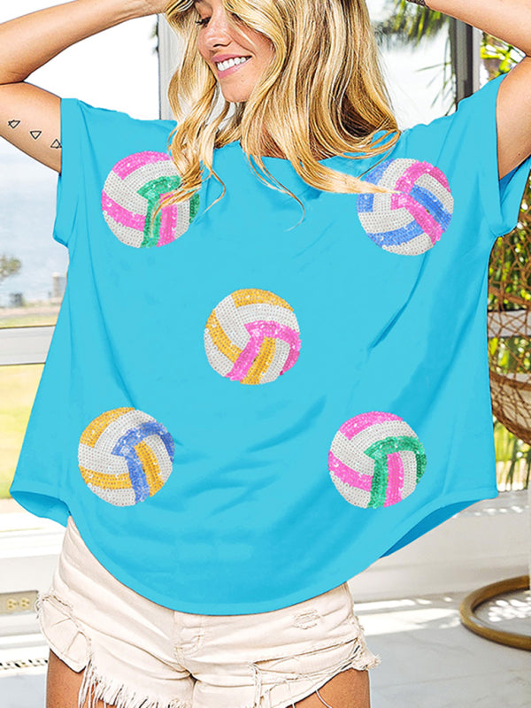 New color ball sequin embroidery pullover round neck short-sleeved T-shirt top - Blue / S