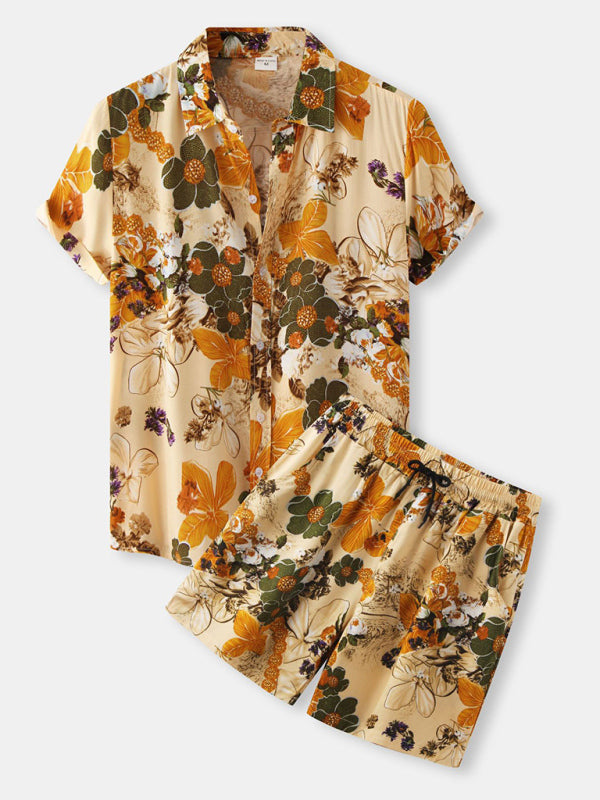 New color printing trendy shirt loose shorts beach suit - Yellow / M