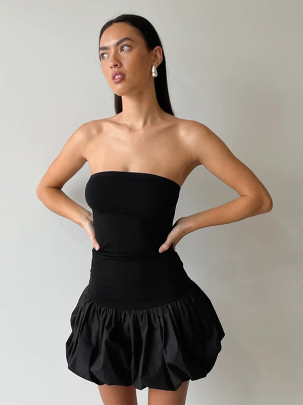 New contrasting color simple tube top slim bud short dress - Black / S