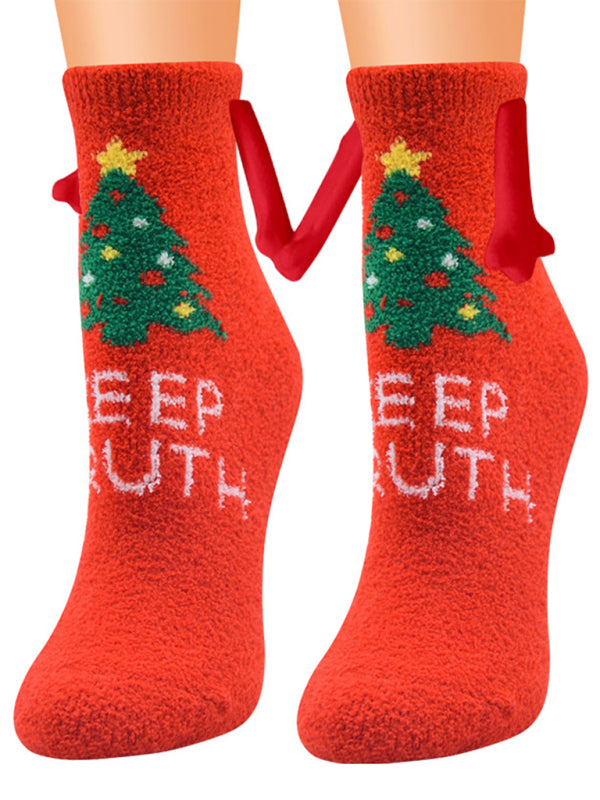 New Coral Velvet Christmas Socks Autumn and Winter Cotton Stickers Magnet Hand Socks Mid-Tube Socks - Pattern / FREESIZE