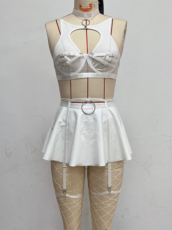 New cute mesh sexy bra cosplay leather uniform sexy bra set (including fishnet stockings) - White / S