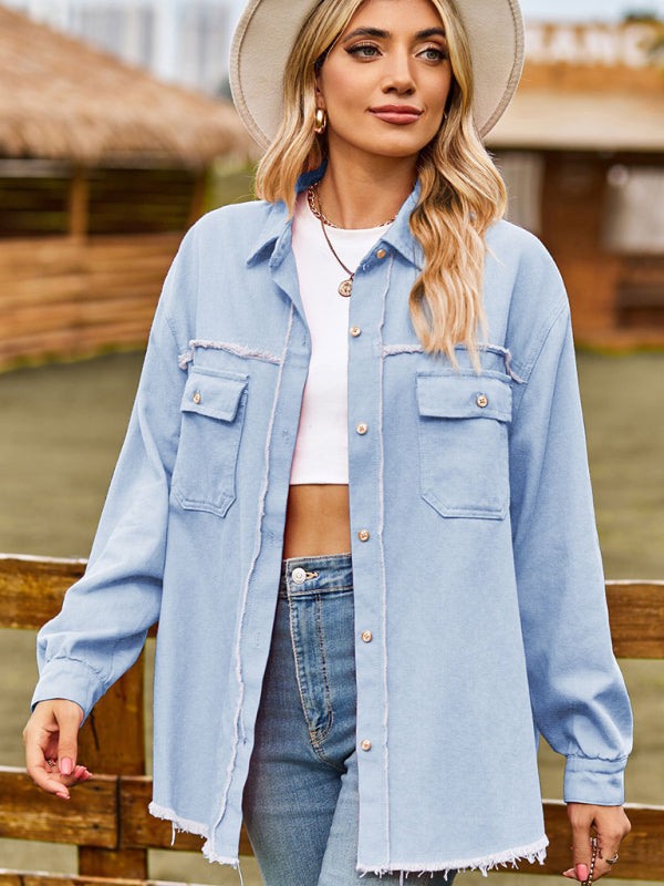 New denim raw edge washed tassel top casual shirt - Clear blue / S