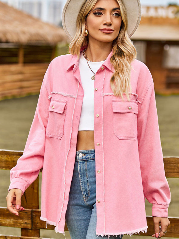 New denim raw edge washed tassel top casual shirt - Pink / S