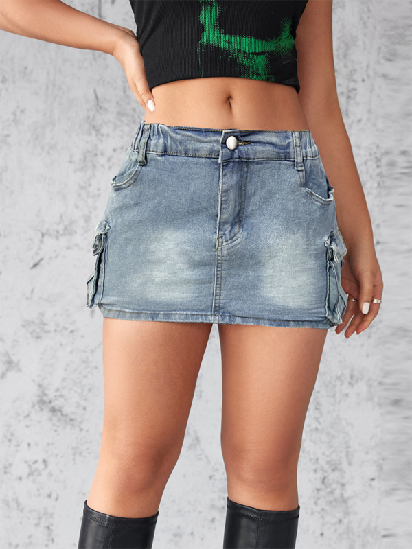 New denim skirt women’s summer retro elastic tight workwear pocket hip skirt - Clear blue / S