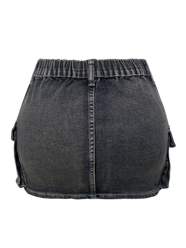 New denim skirt women’s summer retro elastic tight workwear pocket hip skirt