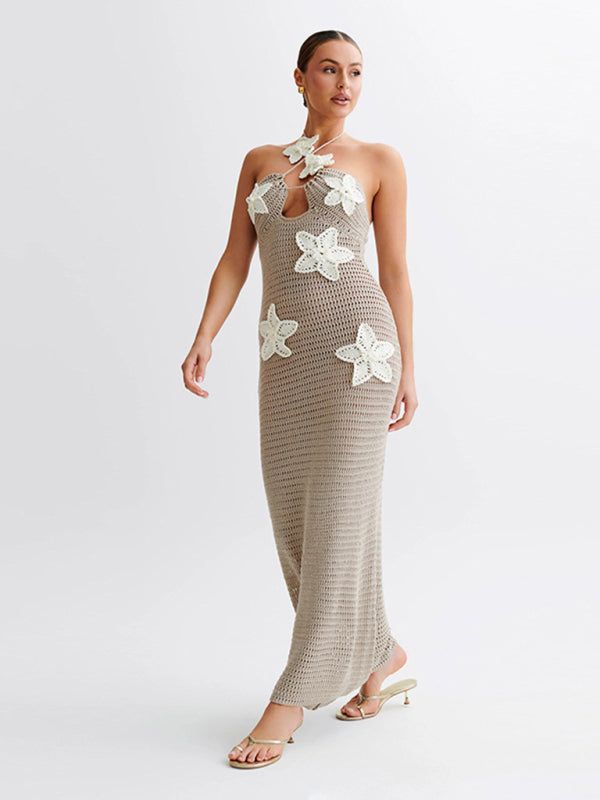 New Elegant Knit Hollow Sleeveless Halter Neck Tie Dress - Khaki / S