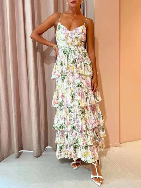 New elegant single-breasted suspender fashion printed ruffled dress with full skirt - Pink / S