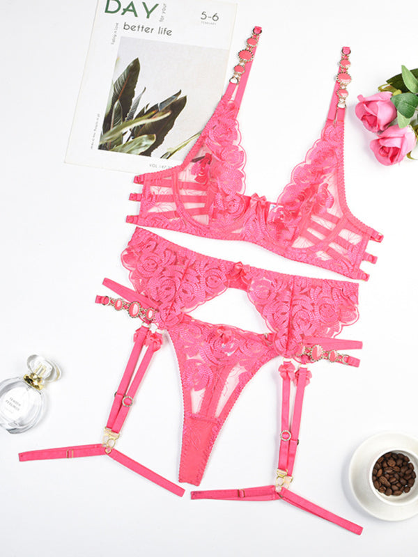 New embroidered bra retro decorative sexy push-up underwear set - Peach / S