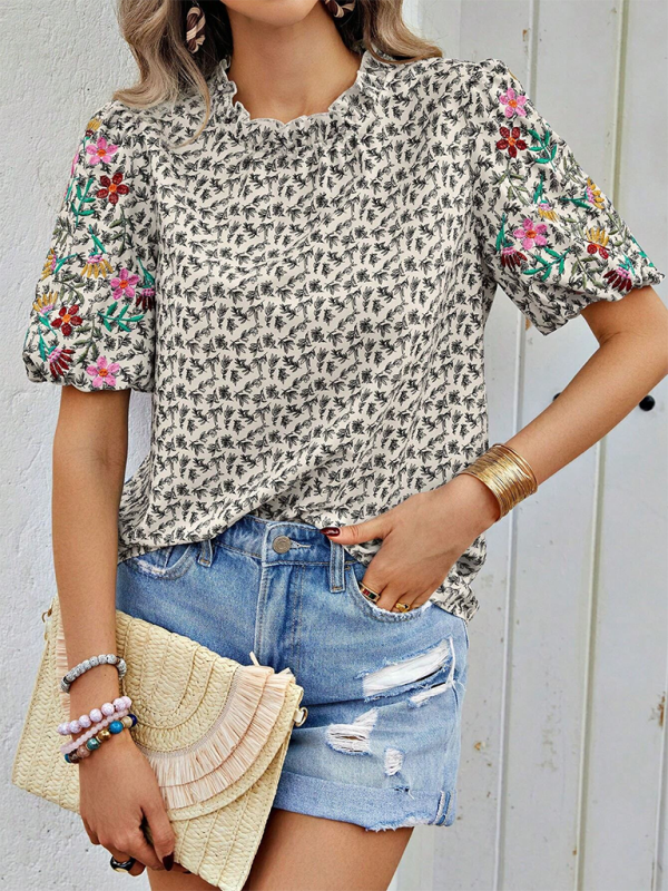 New Embroidered Printed Buckled Wave High Neck Short Colorblock Top - Black / S