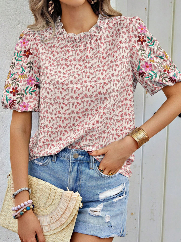 New Embroidered Printed Buckled Wave High Neck Short Colorblock Top - Pink / S