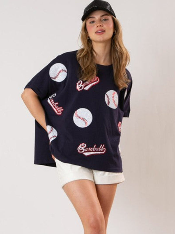 New English letters sequin embroidered knitted pullover short-sleeved top - Black / S