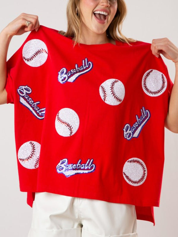 New English letters sequin embroidered knitted pullover short-sleeved top - Red / S