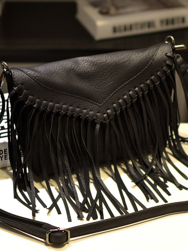New Envelope Tassel Bag Ladies Shoulder Messenger Bag - Black / F