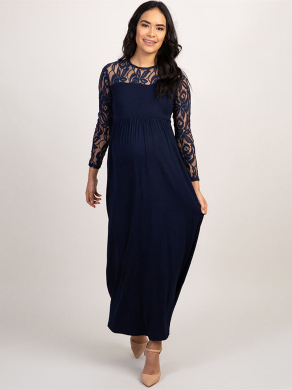 New European and American fashion solid color maternity lace hollow long sleeve dress long dress - Champlain color / S