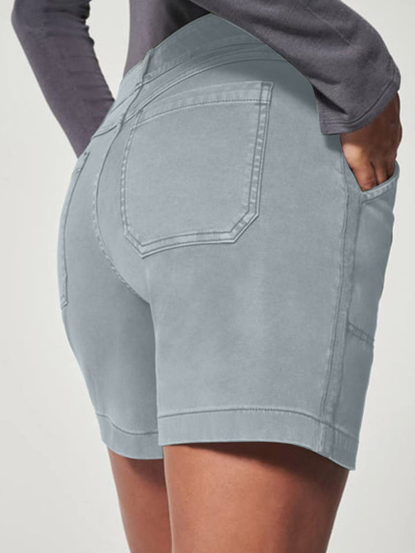 New fashion all-match women’s high elastic twill large pocket solid color casual shorts