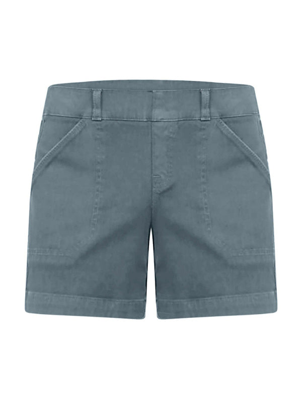 New fashion all-match women’s high elastic twill large pocket solid color casual shorts