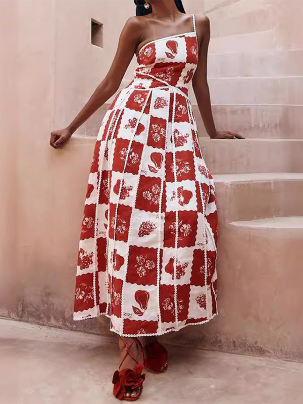 New fashion one-shoulder sling positioning print dress - Red / S
