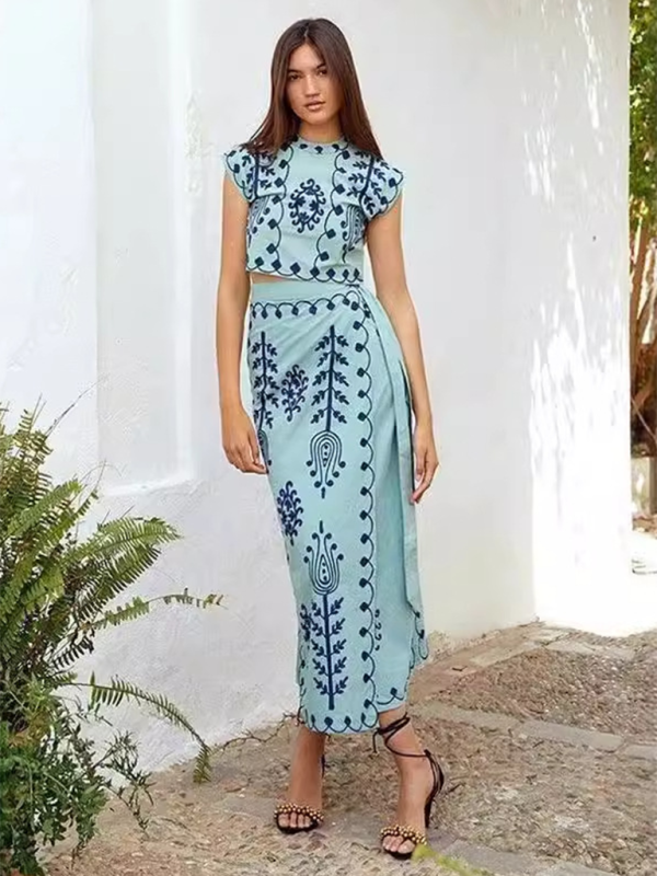 New Fashion Printed Holiday Style Two-piece Dress - Pale green / XS