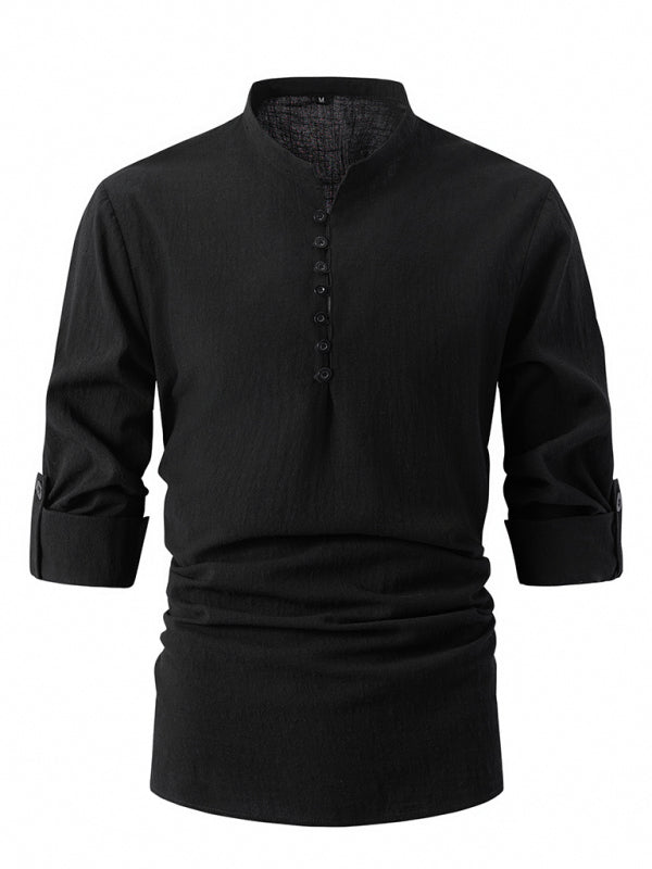 Black mandarin collar slim fit casual long sleeve shirt for modern fashion style