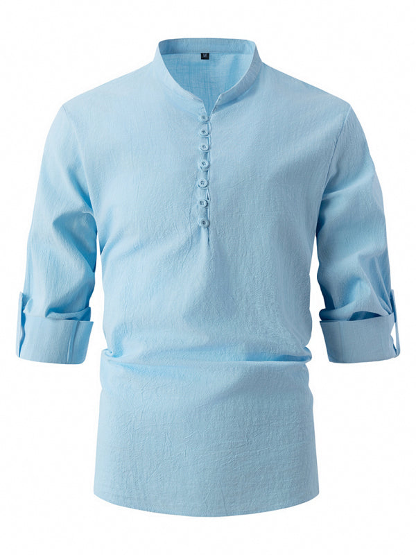 Light blue button-down shirt featuring a stand collar slim fit for casual style