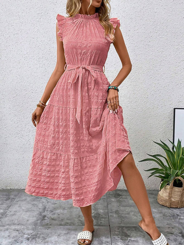 New Fashion Ruffled Flying Sleeve Lace-up Textured Dress - Pink / S