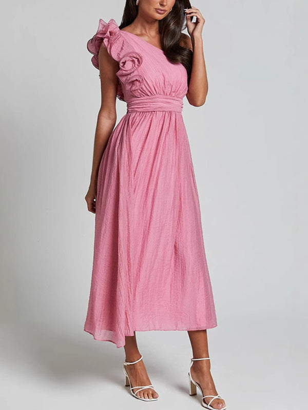 New Fashion Sexy Solid Color Off-shoulder Backless Dress - Pink / S