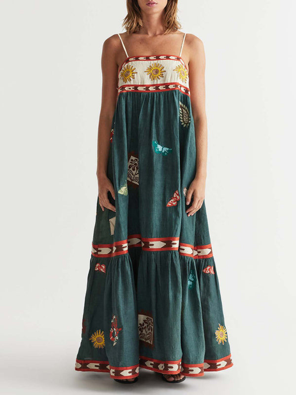 New Fashion Sexy Suspender Positioning Printed Swing Dress - Green black jasper / S