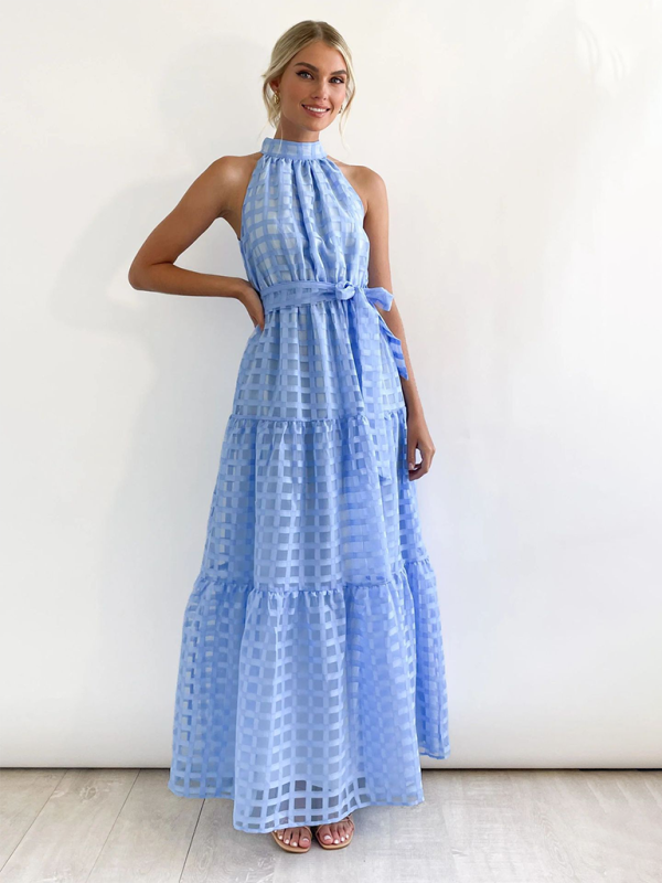New Fashion Solid Color Halter Neck Dress - Clear blue / S