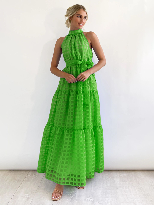 New Fashion Solid Color Halter Neck Dress - Green / S