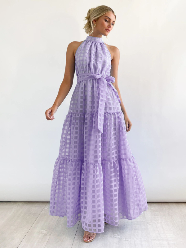New Fashion Solid Color Halter Neck Dress - Lavender / S