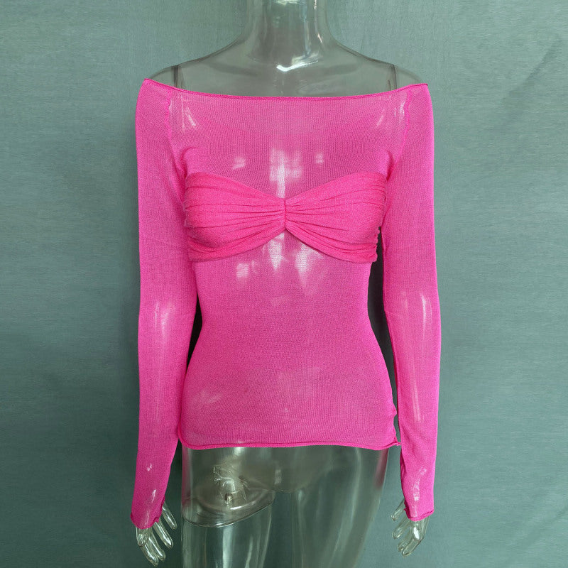 New Fashion Women’s Clothing Lightweight See-Through Neck T-Shirt Top - Rose / S