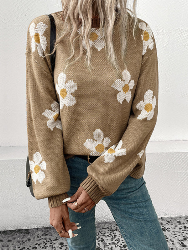 New Fashion Women’s Long Sleeve Jacquard Sweater - Khaki / S