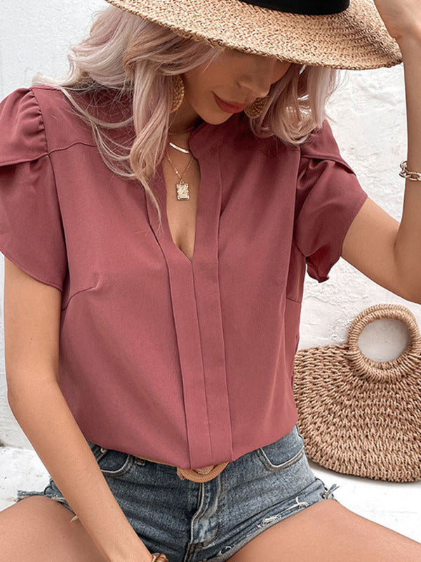 New fashion women's pullover v-neck red shirt - Closther