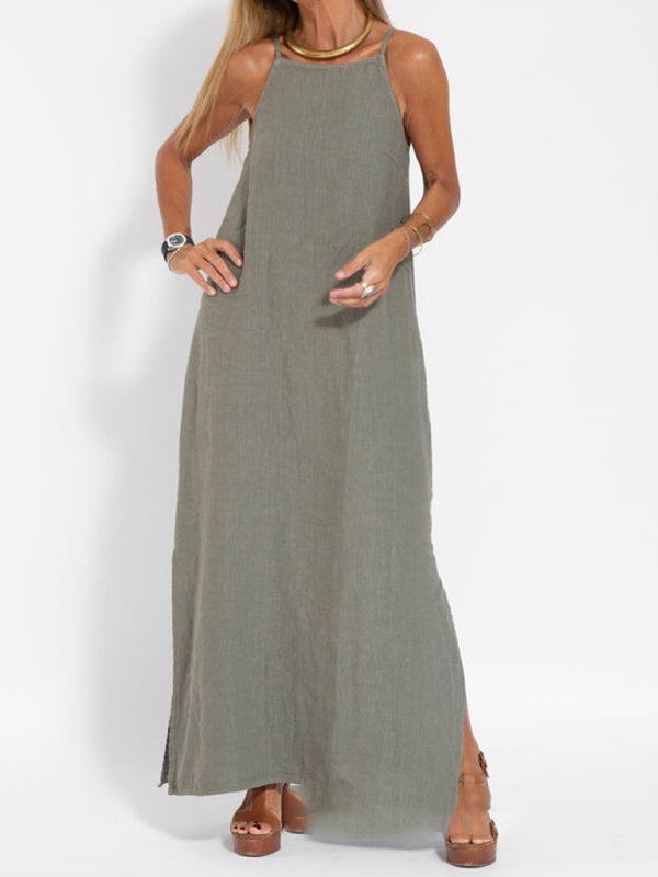 New fashionable casual cotton and linen slit suspender dress - Olive green / S