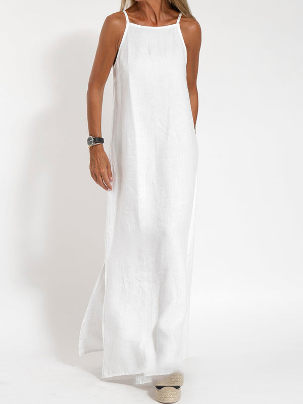 New fashionable casual cotton and linen slit suspender dress - White / S