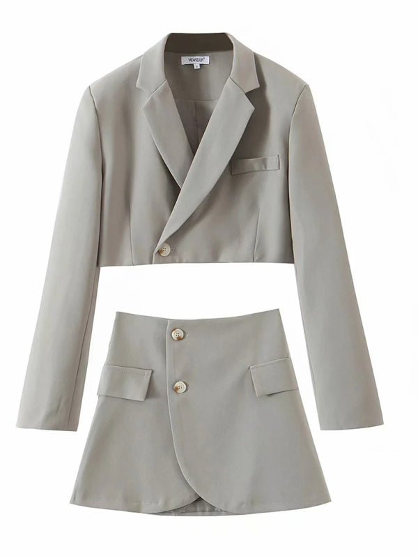 New fashionable casual diagonal button short blazer + high waist pocket skirt suit - Grey / S