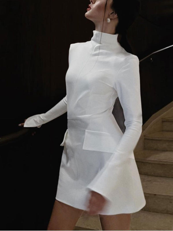 New fashionable half-high collared slit pocket hip-hugging dress - White / S