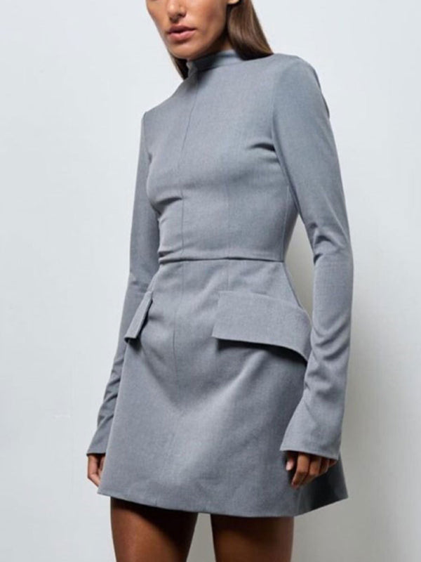 New fashionable half-high collared slit pocket hip-hugging dress - Grey / S
