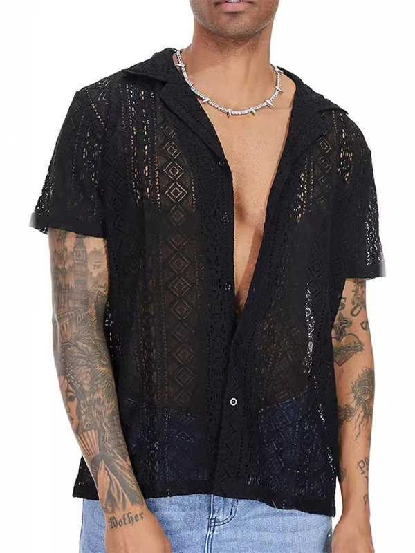 New fashionable lace floral button hollow see-through short-sleeved shirt - Black / S