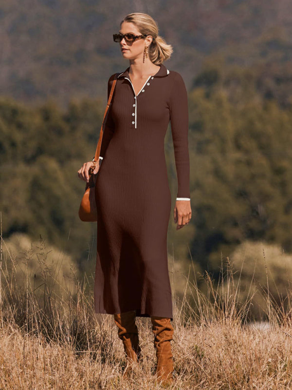 New fashionable lapel knitted slim fit hip-hugging long-sleeved dress - Coffee / S