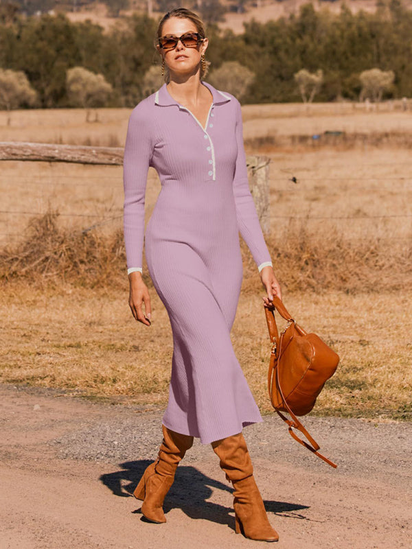 New fashionable lapel knitted slim fit hip-hugging long-sleeved dress - Lavender / S