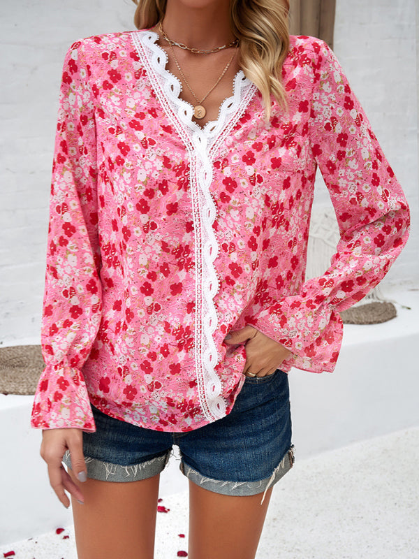 New fashionable women's casual printed long-sleeved V-neck shirt - Closther