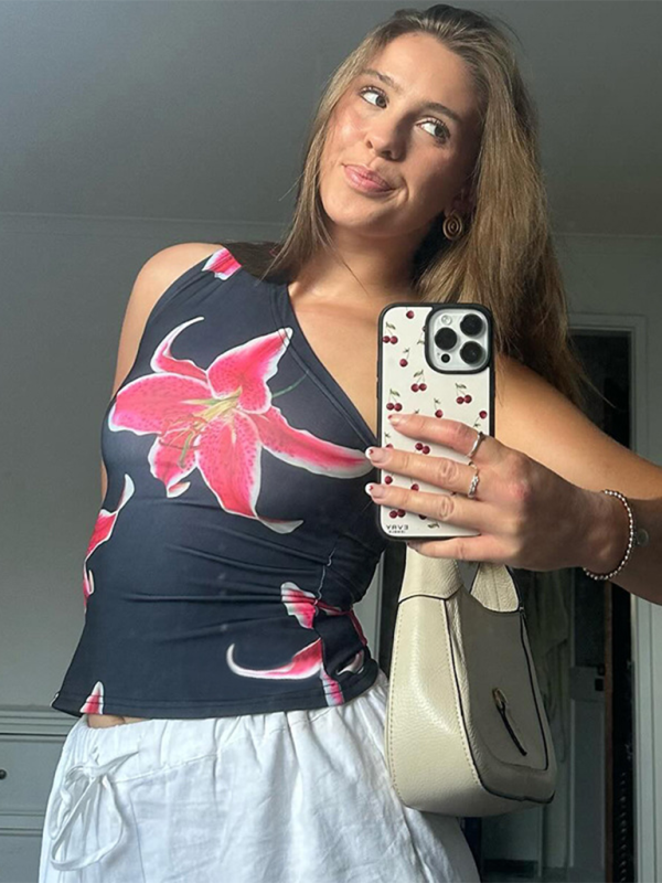New floral lily print slant neck one shoulder sleeveless vest top - Black / S