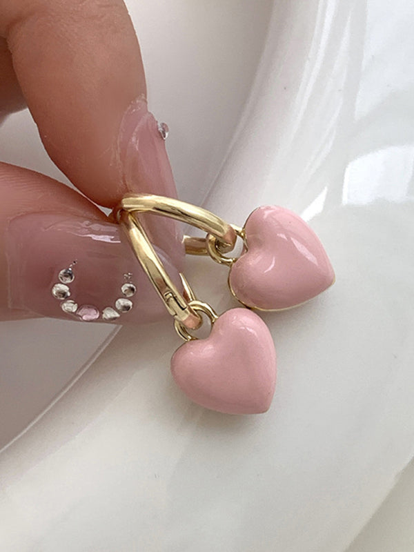 Gold hoop earrings with pink heart charms from New French drip glaze red love retro earrings collection