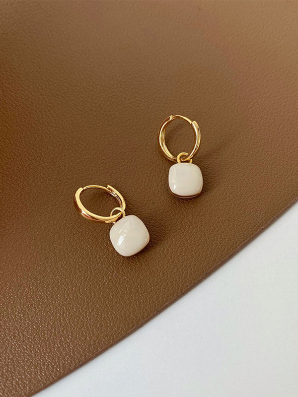 Pair of gold hoop earrings with square pendants from New French drip glaze red love retro earrings collection