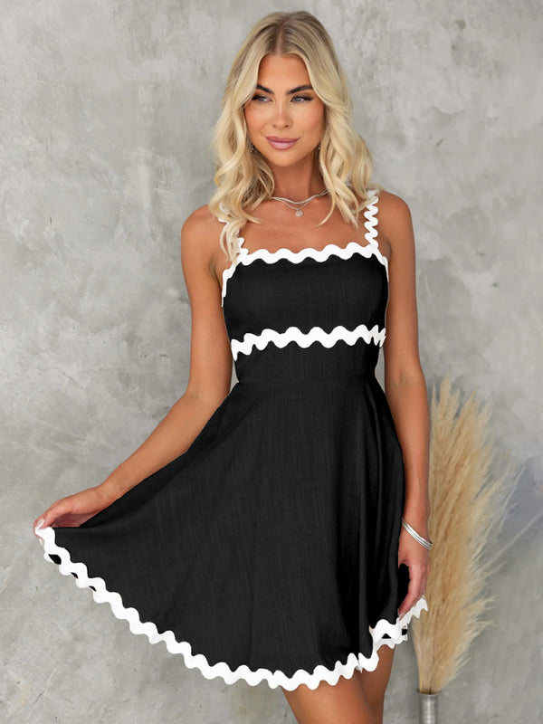 New fresh and sweet solid color sexy suspender short dress - Black / S