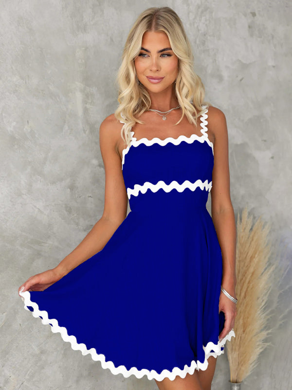 New fresh and sweet solid color sexy suspender short dress - Blue / S