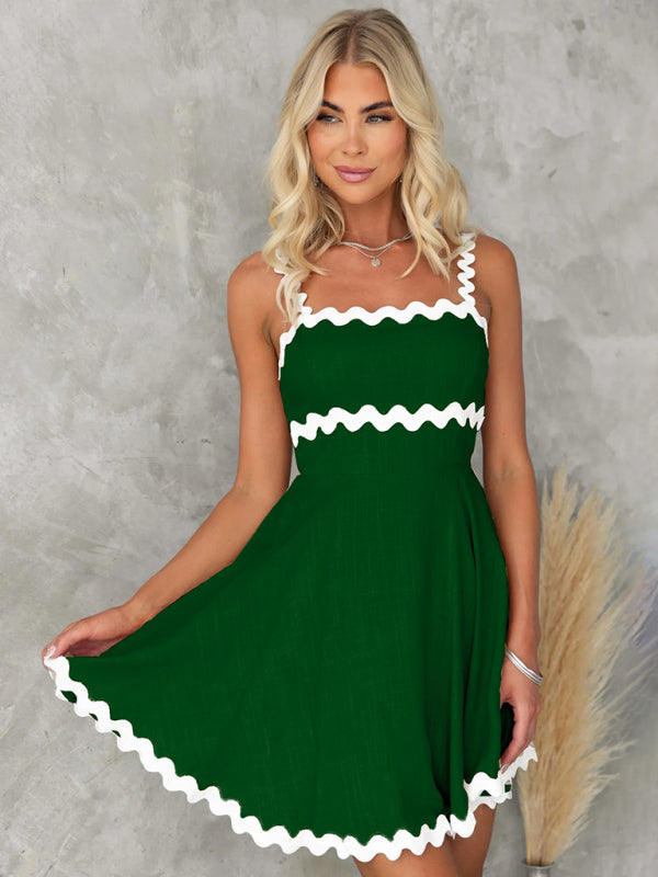 New fresh and sweet solid color sexy suspender short dress - Green black jasper / S